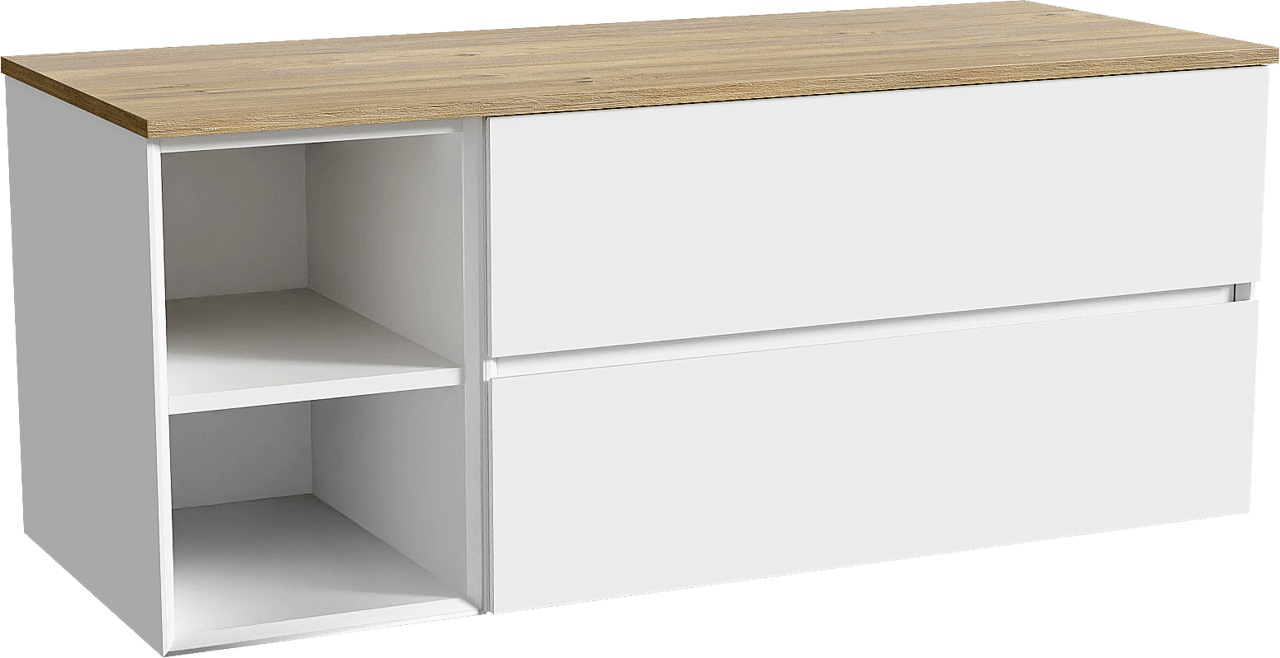 Storke Edge zwevend badkamermeubel 130 x 52 cm mat wit met Panton enkel of dubbel tablet in melamine ruwe eik