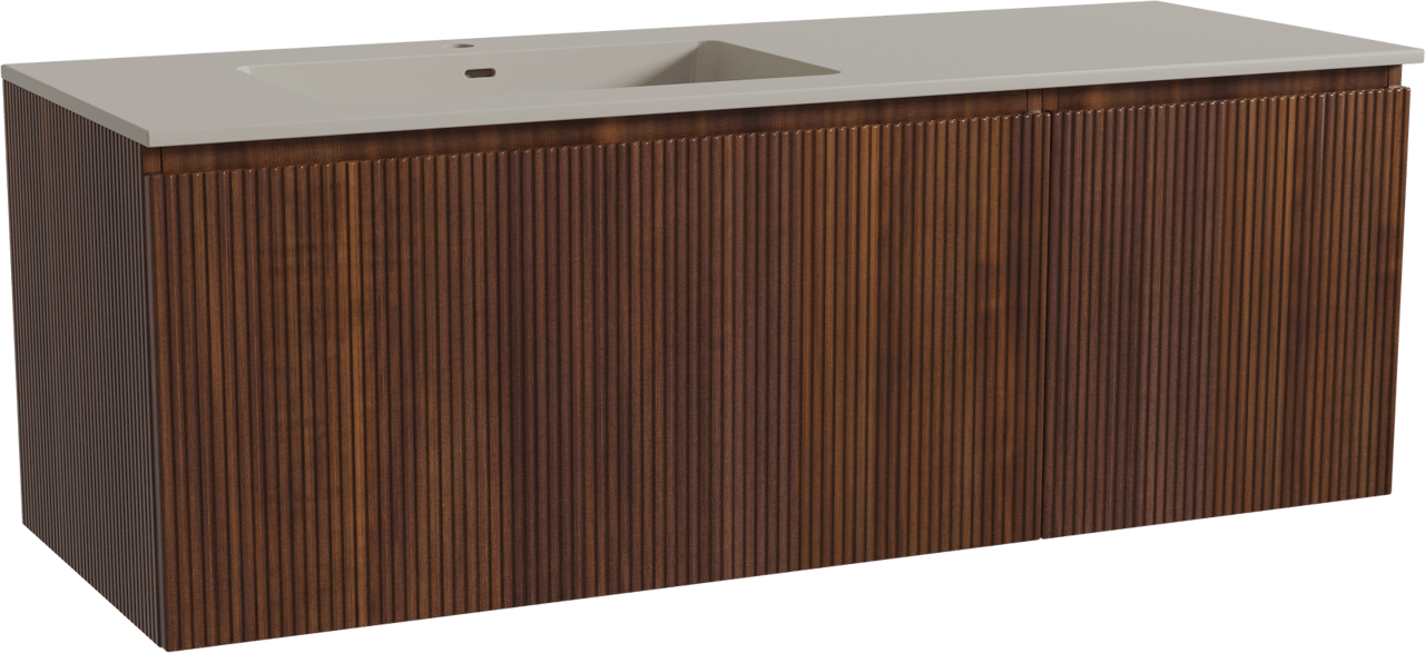 Storke Ribs zwevend badmeubel 140 x 52 cm notenhout met Diva asymmetrisch linkse wastafel in top solid zijdegrijs, Verticale symmetrische rechte ribbel