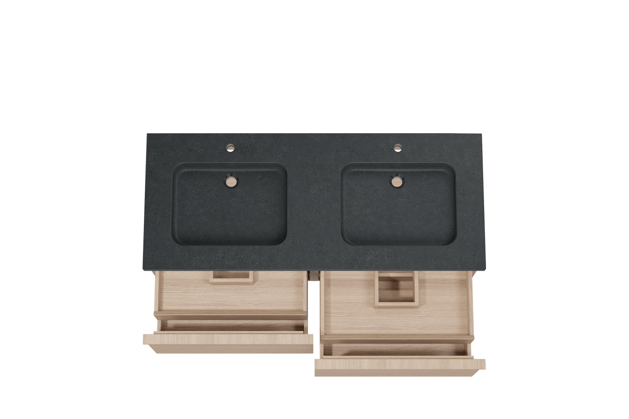 Balmani Forma zwevend badkamermeubel 135 x 55 cm natuur eik met Napoli dubbele wastafel in graniet zwart, Horizontale symmetrische rechte ribbel