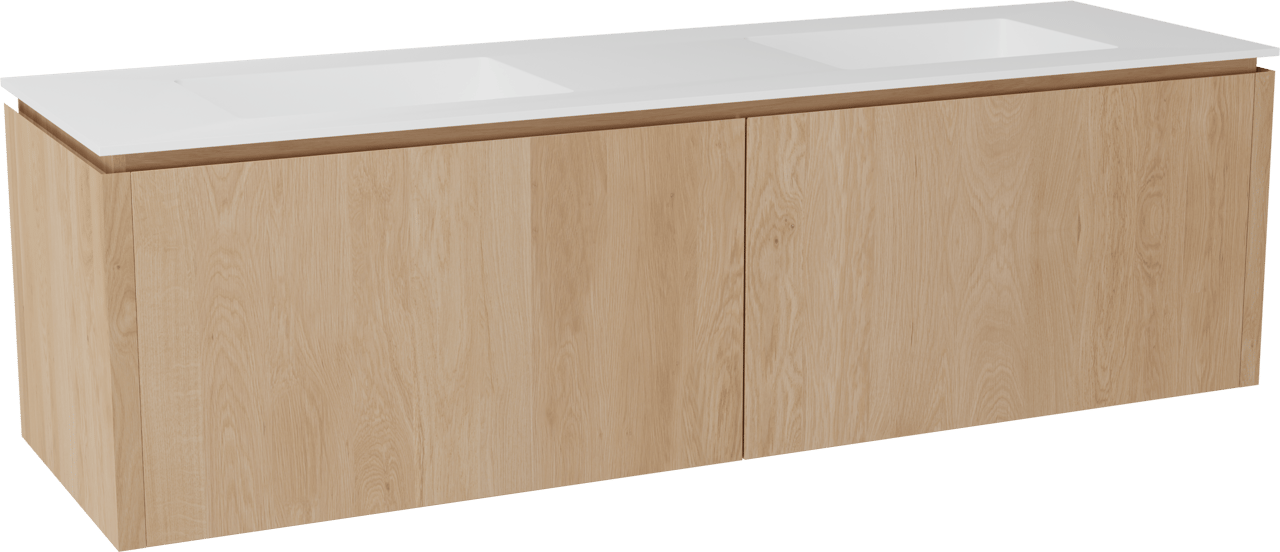 Balmani Eclips meuble salle de bains suspendu 180 x 55 cm Chêne naturelle avec Tablo Stretto double vasque en Solid Surface blanc mat