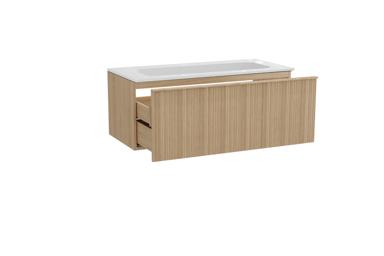 Balmani Forma meuble salle de bains suspendu 120 x 55 cm chêne naturel avec Tablo Strada plan simple en marbre composite blanc brillant, Nervure circulaire asymétrique verticale