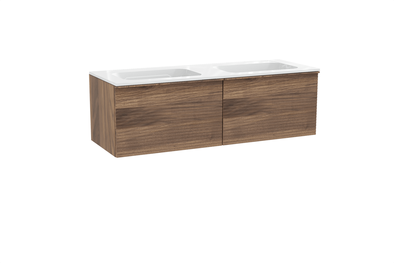 Balmani Forma meuble salle de bains suspendu 150 x 55 cm noyer américain avec Tablo Strada double vasque en marbre composite blanc brillant, Nervure droite symétrique horizontale