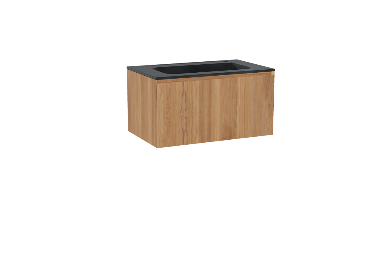 Balmani Idra hängendes Möbelstück Set: 90 x 55 cm, Teak, mit Tablo Strada Einzelwaschtisch, Marmorkomposit Schwarz matt