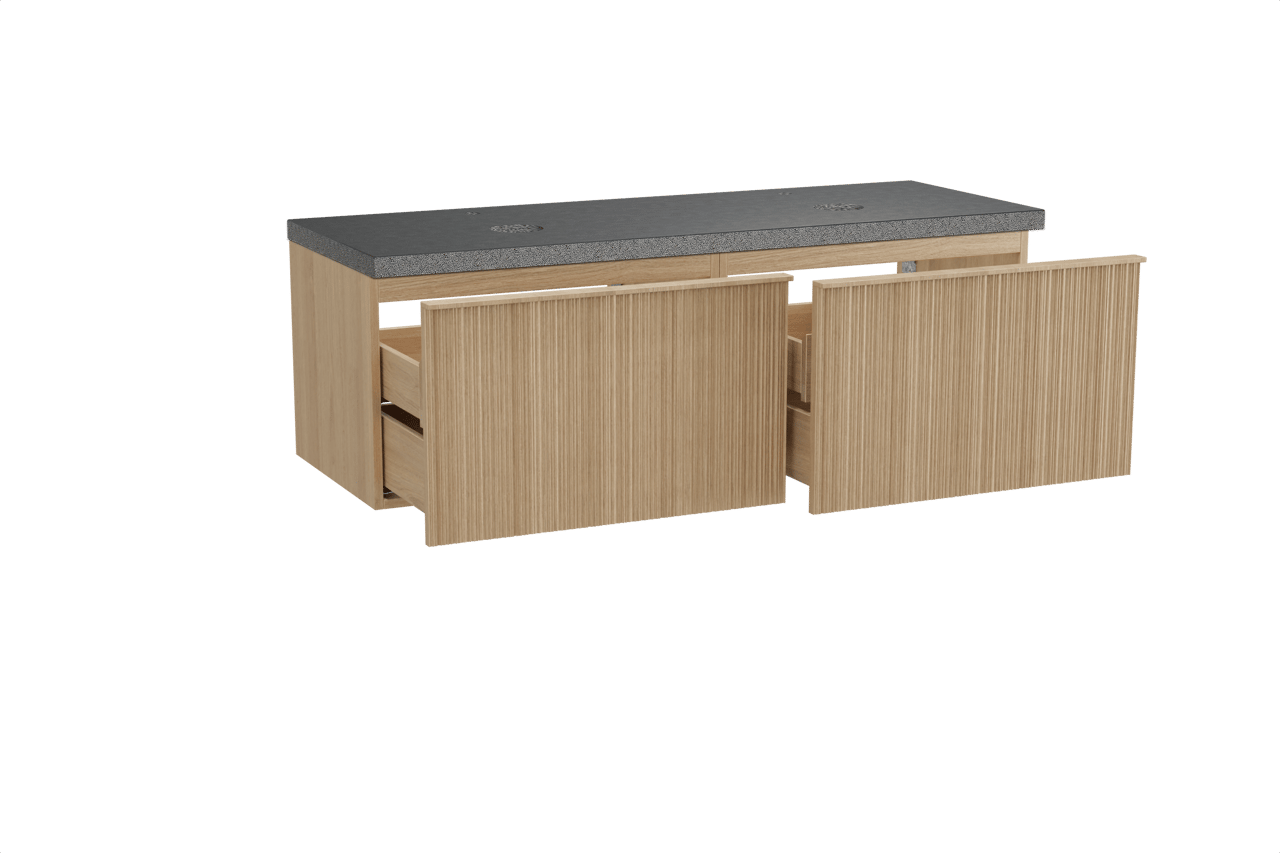 Balmani Forma hängendes Möbelstück Set: 150 x 55 cm, Naturbelassene Eiche, mit Rock Doppel Waschtischplatte, Granit, Schwarzes Granit, Vertikale asymmetrische Runde Rippe