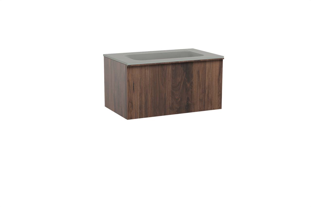 Balmani Forma zwevend badkamermeubel 90 x 55 cm amerikaanse notelaar met Tablo Strada enkele wastafel in composietmarmer zijdegrijs, Verticale symmetrische rechte ribbel