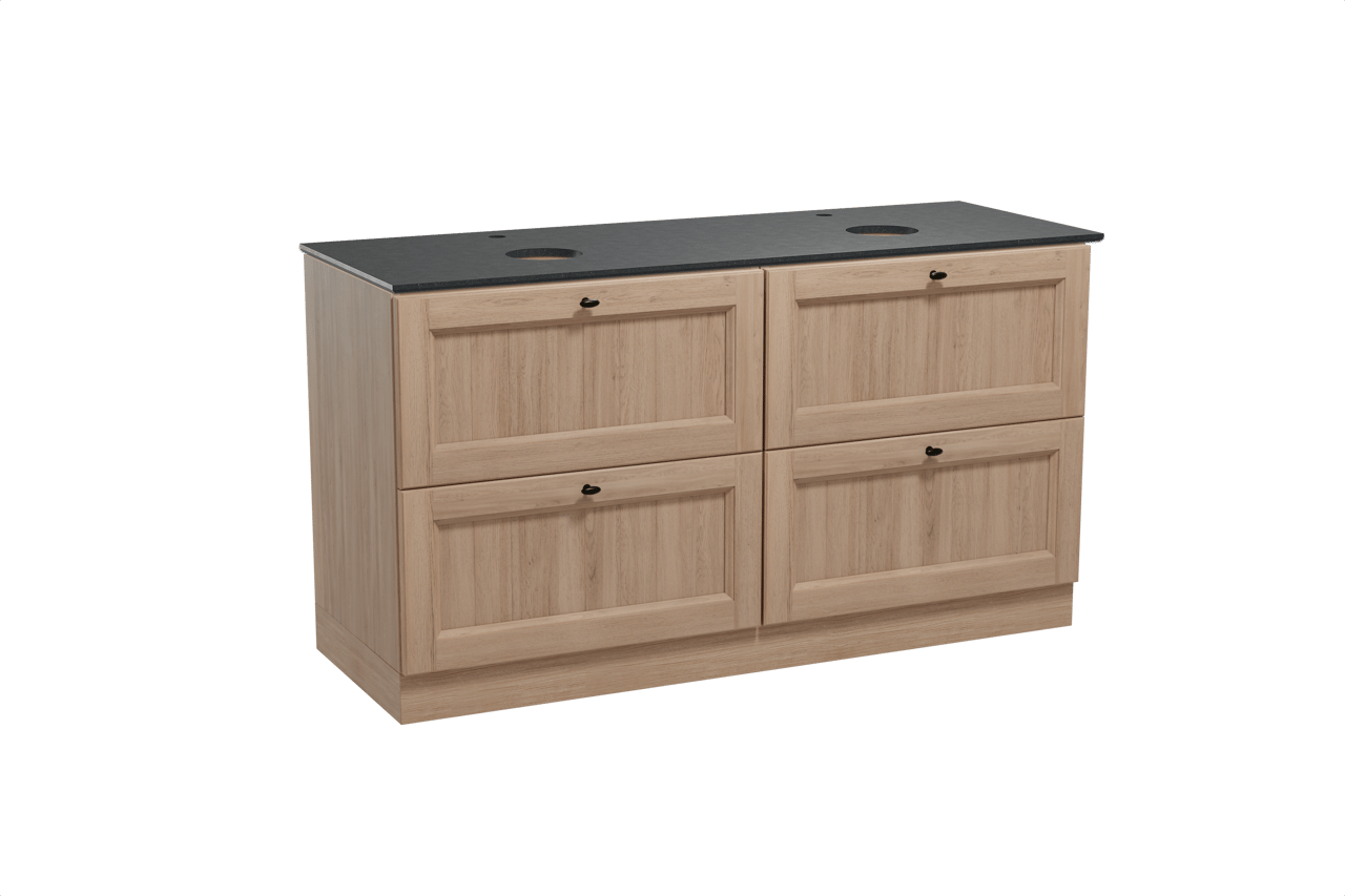 Balmani Lemon freistehendes Möbelstück Set: 150 x 55 cm, Verwitterte Eiche, mit Facetta Doppel Waschtischplatte, Schwarzes Granit