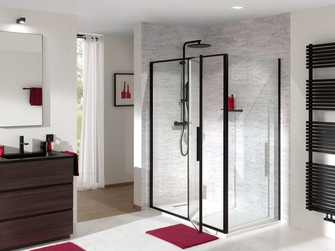 Luca Varess Morano Eckdusche: Drehtür, 90 x 120 cm, Klarglas, mattschwarzes Profil
