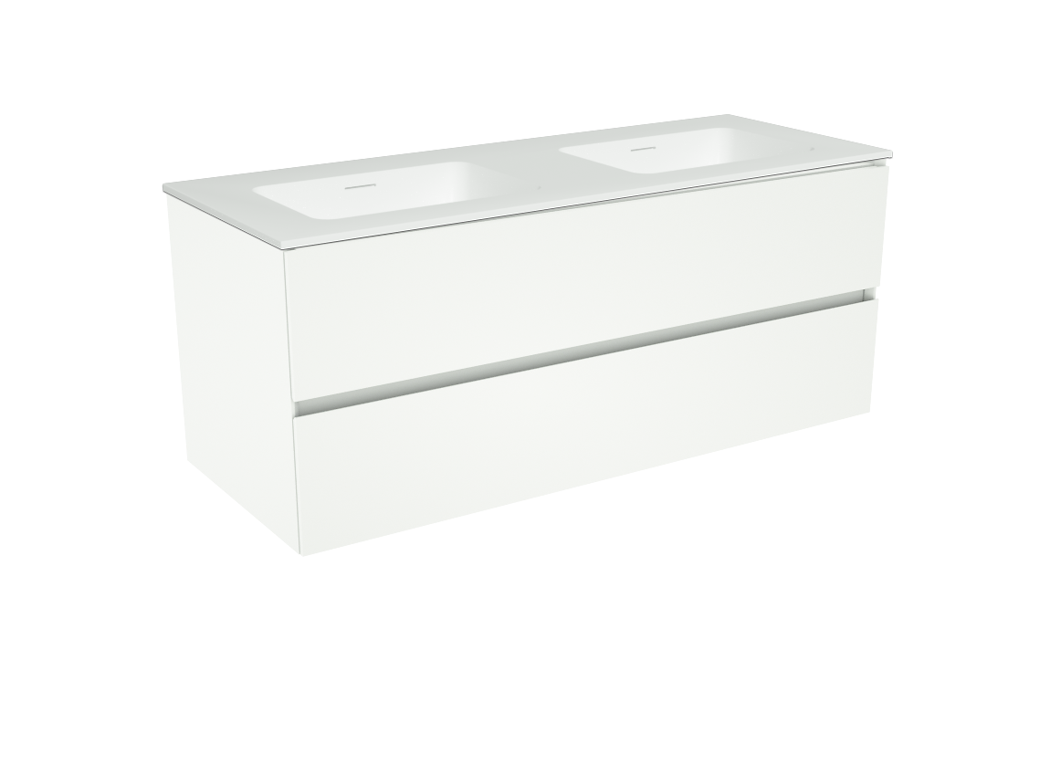 Storke Edge zwevend badkamermeubel 120 x 46 cm mat wit met Mata dubbele wastafel in solid surface mat wit