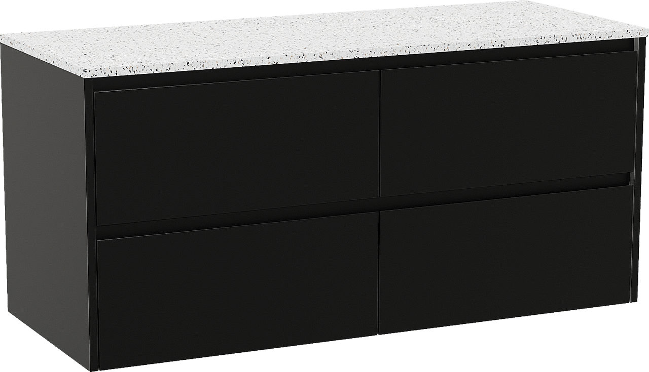 Storke Seda zwevend badmeubel 130 x 52 cm mat zwart met Tavola enkel of dubbel wastafelblad in mat wit/zwart terrazzo