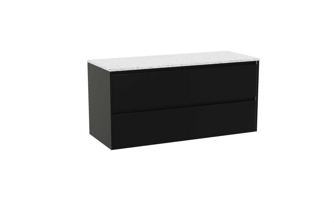 Storke Seda meuble salle de bains suspendu 130 x 52 cm noir mat avec Tavola tablette simple ou double en blanc/noir mat terrazzo