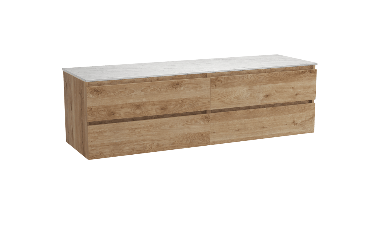 Balmani Lucida hängendes Möbelstück Set: 180 x 55 cm, Rohe Eiche, mit Stretto Einzel- oder Doppel Waschtischplatte, Marmor Carrara