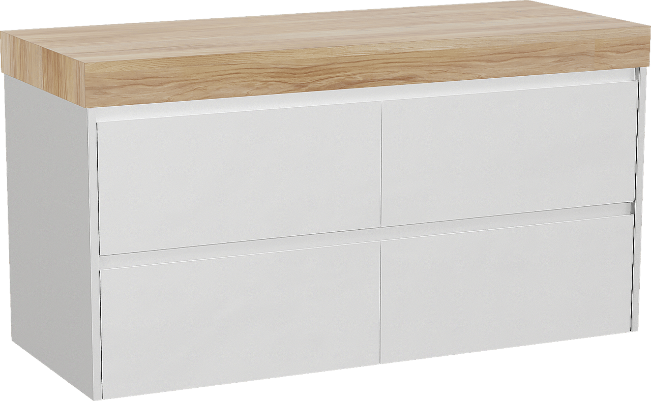 Storke Seda zwevend badmeubel 130 x 52 cm mat wit met Kada enkel of dubbel wastafelblad in hpl rustiek teakhout