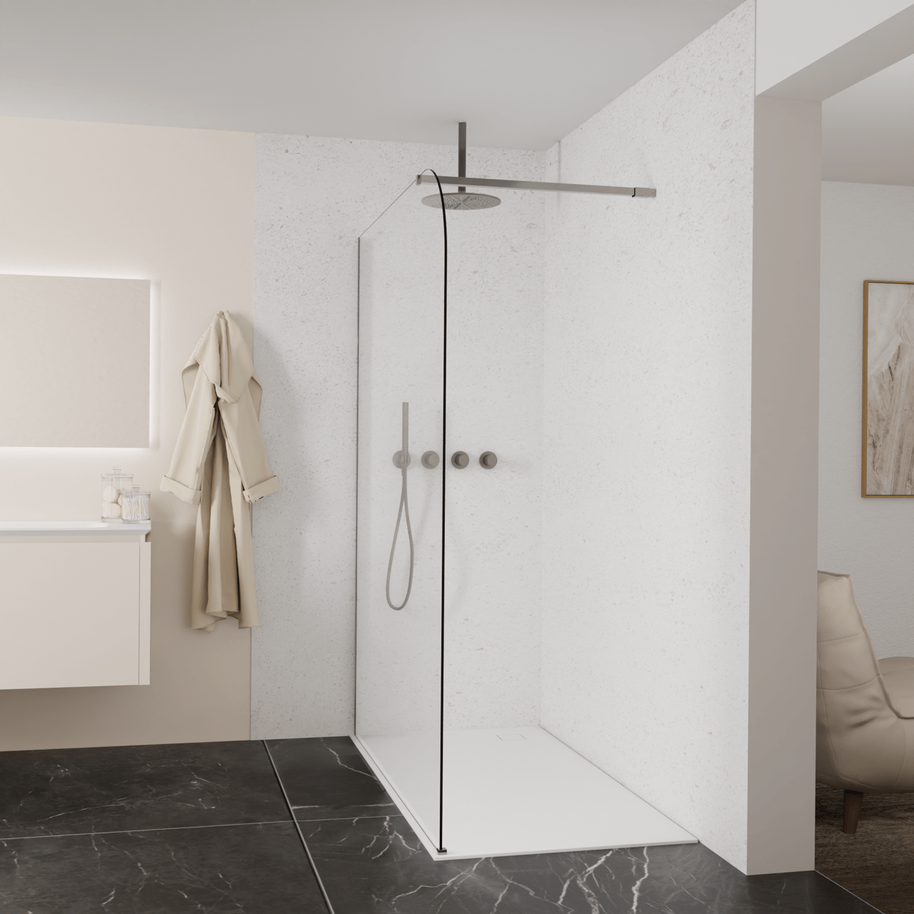 Balmani Modular douche à l'italienne: 160 x 200 cm, Verre transparent arrondi, avec coating, Profil Brushed GunMetal
