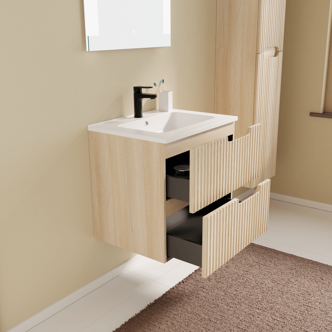 Linie Ribbo zwevend badkamermeubel 60 x 46 cm lichte eik met Vano enkele wastafel in composietmarmer glanzend wit, Verticale symmetrische ronde ribbel