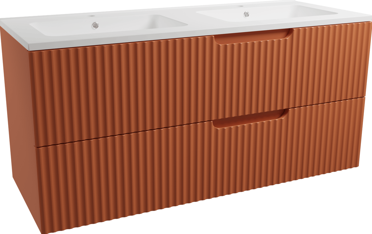 Linie Ribbo zwevend badkamermeubel 120 x 46 cm cotto met Vano dubbele wastafel in composietmarmer mat wit, Verticale symmetrische ronde ribbel