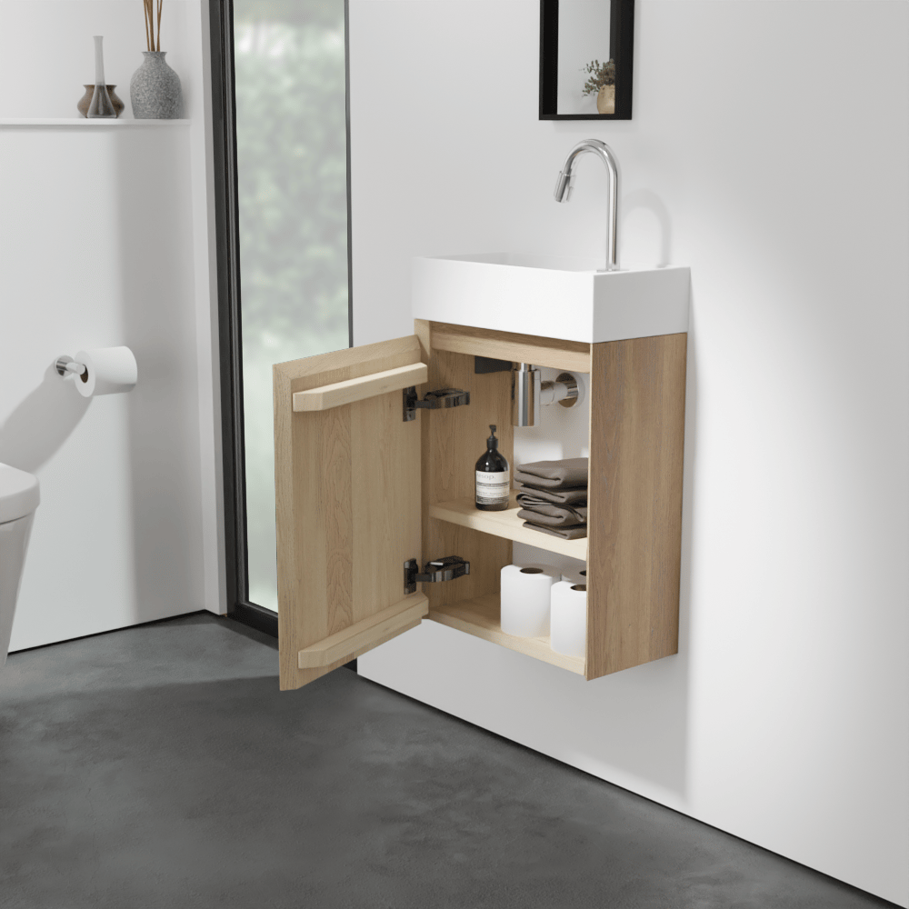 Balmani Mitra zwevend toiletmeubel 42 x 21 cm naturel eiken met Loop wastafel in matte Solid Surface