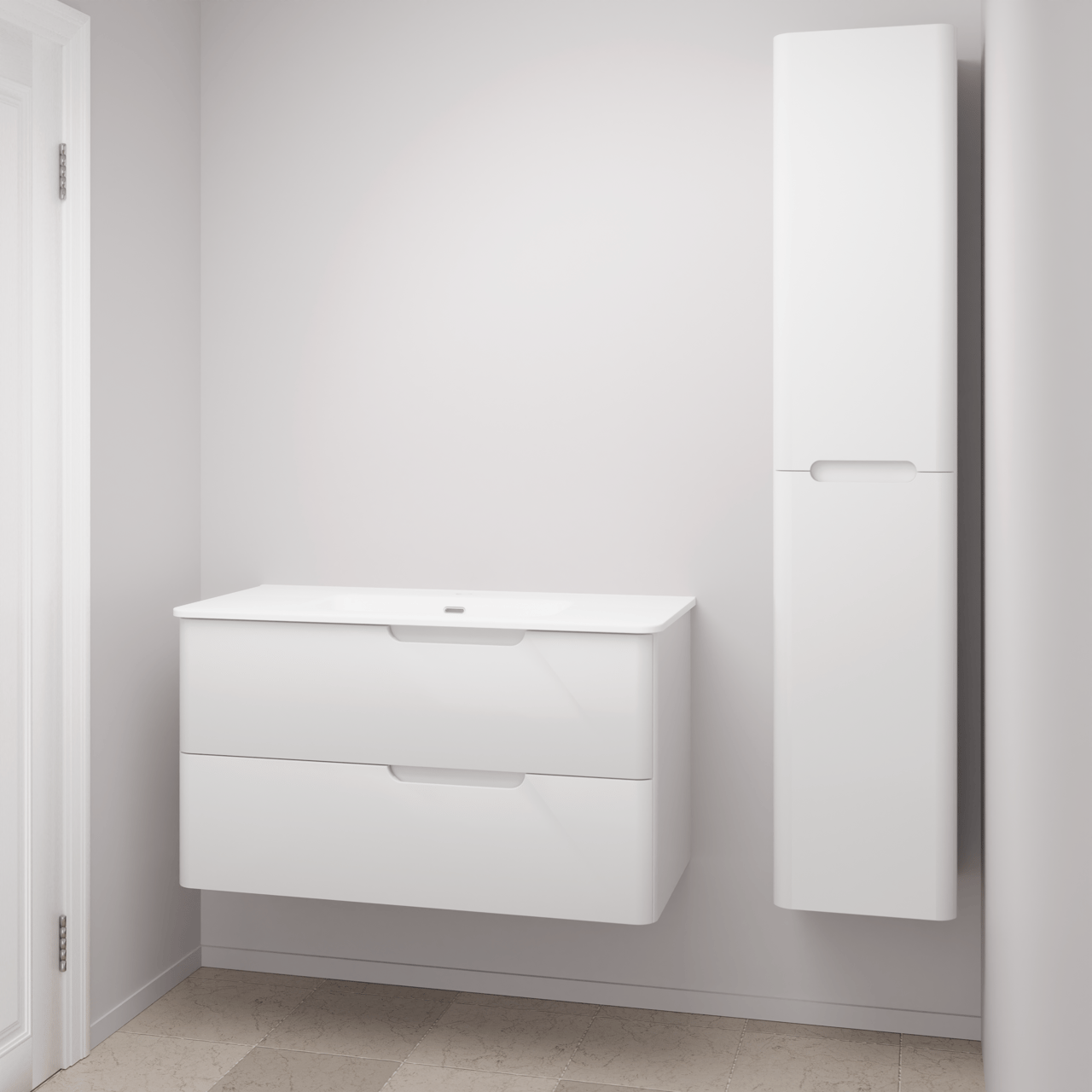 Linie Curvo meuble salle de bains suspendu 100 x 46 cm blanc brillant avec Baro Curvo plan simple en porcelaine blanc brillant et Curvo colonne salle de bains