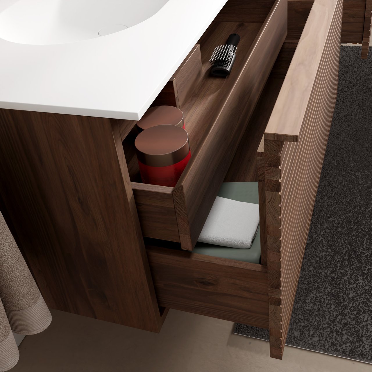 Balmani Forma hängendes Möbelstück Set: 135 x 55 cm, Amerikanischer Nussbaum, mit Tablo Oval Doppelwaschtisch, Solid Surface, Weiß matt, Horizontale symmetrische gerade Rippe