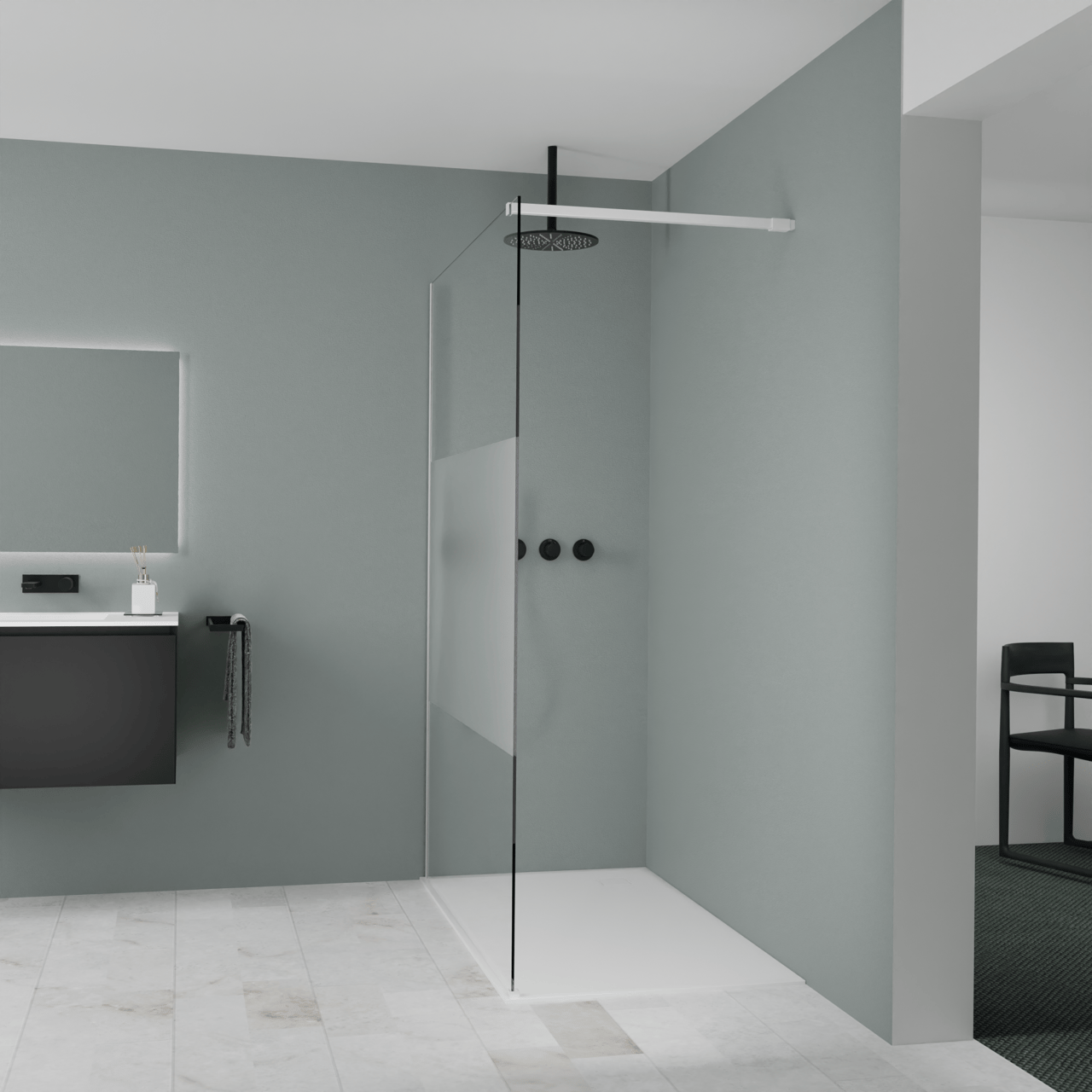 Balmani Modular inloopdouche: 140 x 200 cm, Helder glas met matte strook, Mat witte profielen