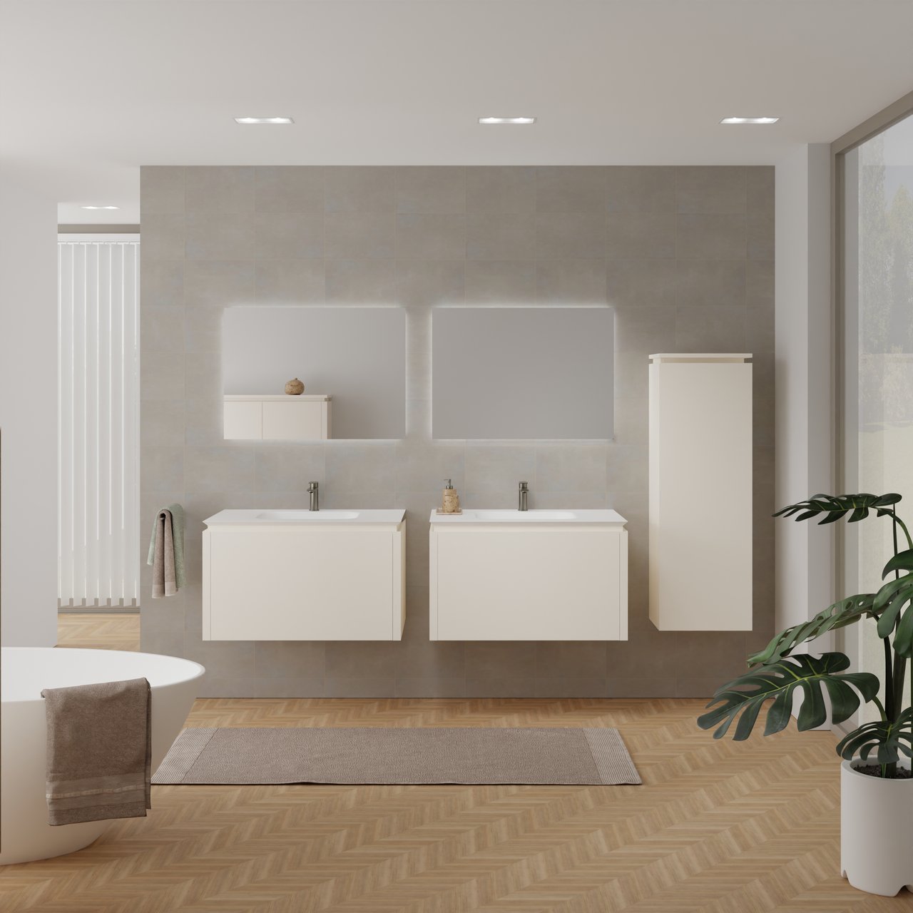 Balmani Eclips meuble salle de bains suspendu 90 x 55 cm Sandbeige avec Eclips plan simple en Solid Surface blanc mat