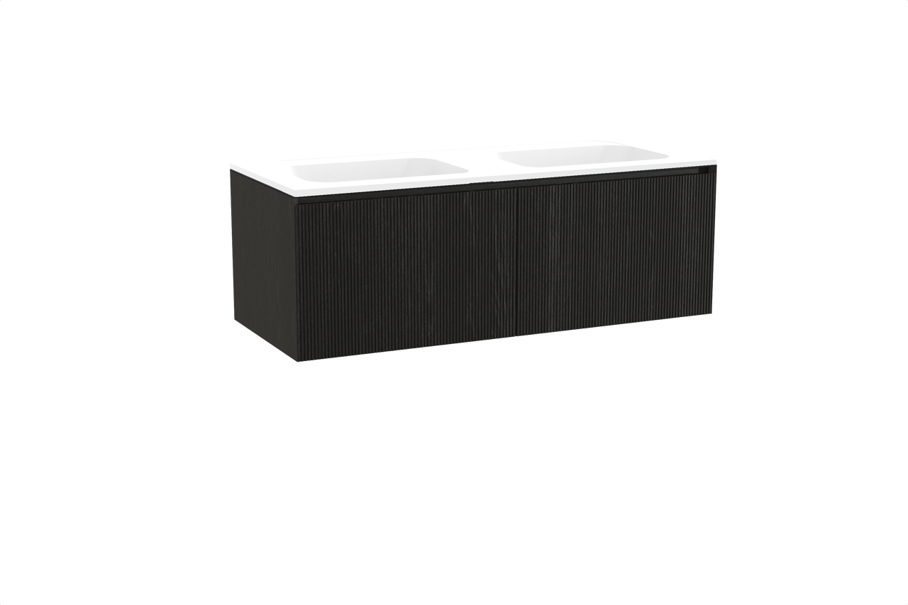 Balmani Fila meuble salle de bains suspendu 135 x 55 cm chêne noir avec Tablo Strada double vasque en marbre composite blanc mat, Nervure droite symétrique verticale