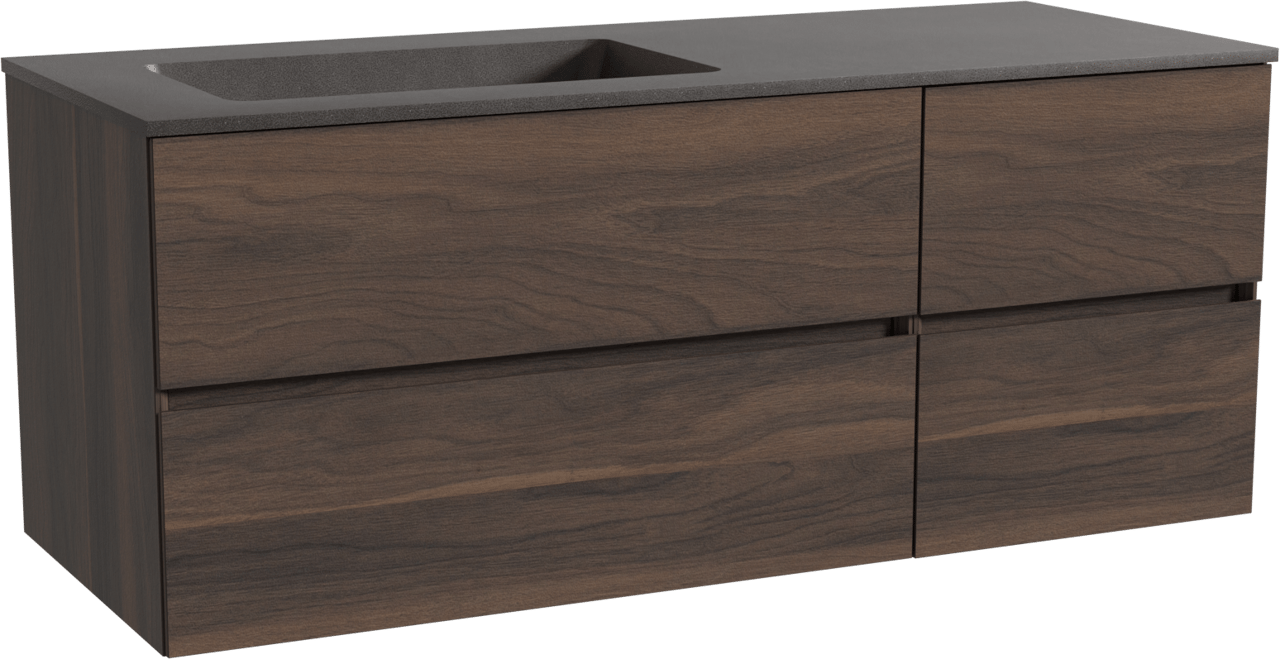 Storke Edge zwevend badkamermeubel 130 x 52 cm notelaar met Scuro asymmetrisch linkse wastafel in kwarts mat zwart