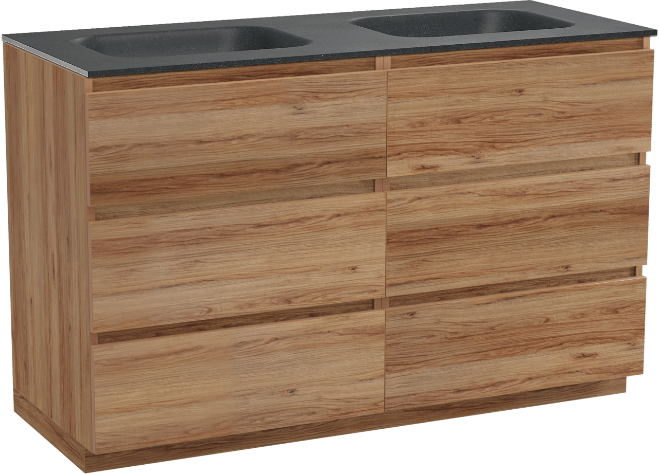 Balmani Lucida freistehendes Möbelstück Set: 135 x 55 cm, Teak, mit Tablo Arcato Doppelwaschtisch, Schwarzes Granit