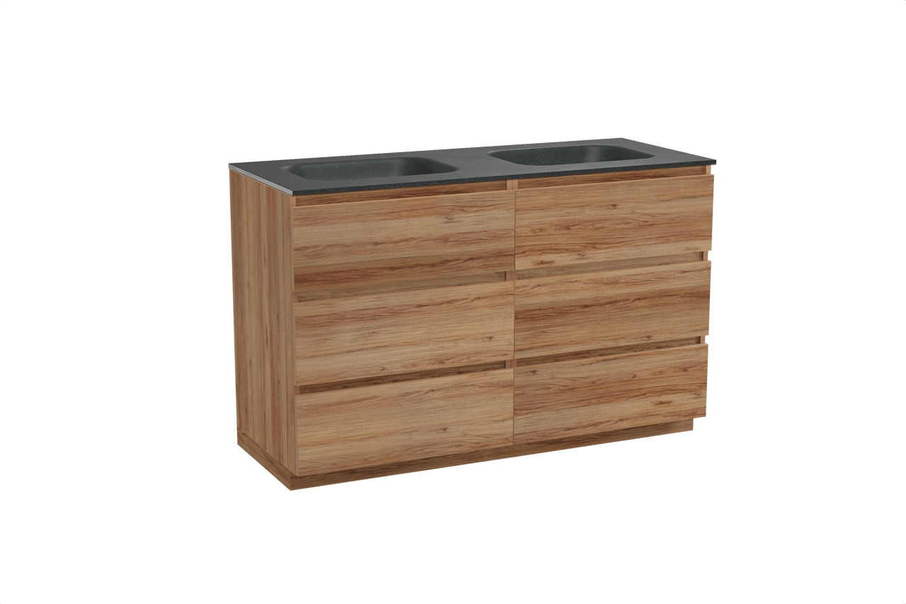 Balmani Lucida meuble salle de bains à poser 135 x 55 cm teck avec Tablo Arcato double vasque en granit noir