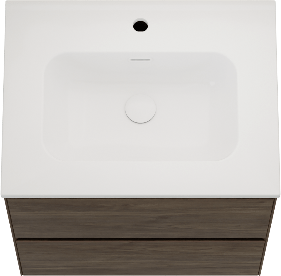 Balmani Mitra Compact hängendes Möbelstück Set: 60 x 46 cm, Amerikanischer Nussbaum, mit Nostra Einzelwaschtisch Porzellan glänzend Weiβ