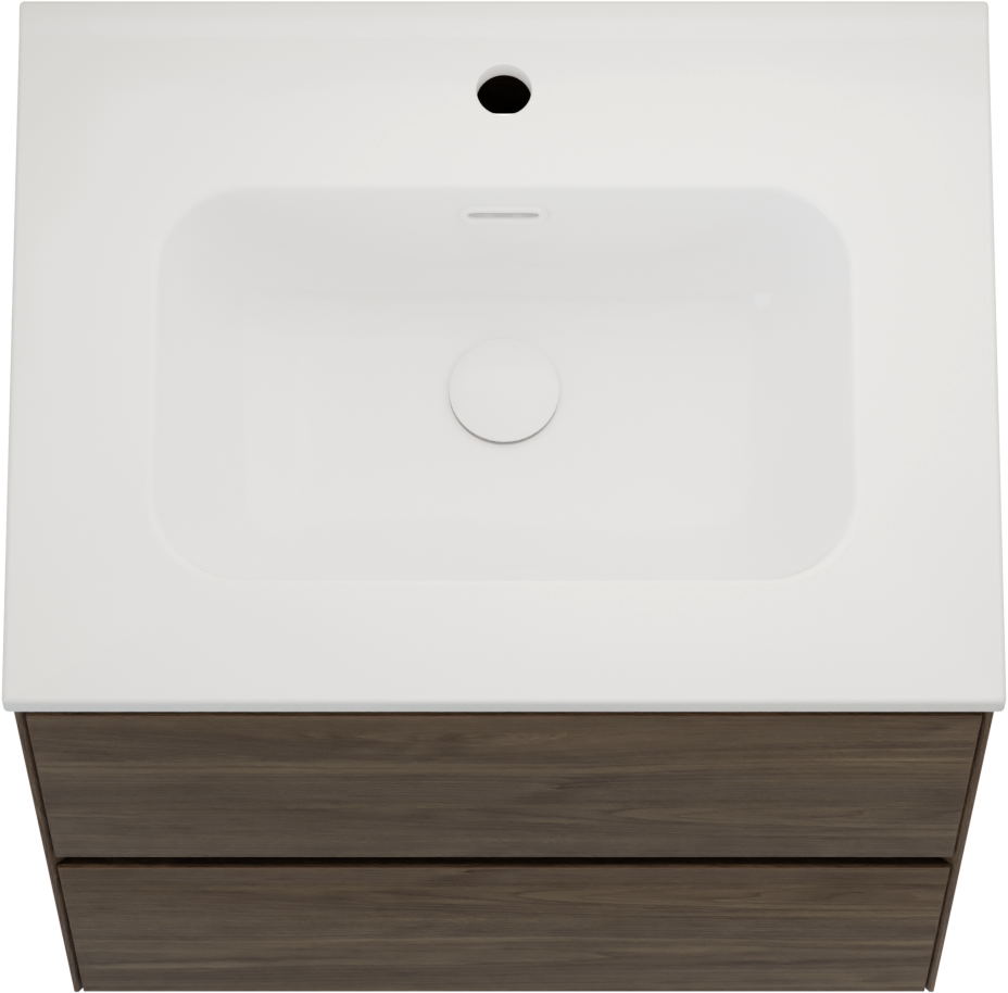 Balmani Mitra Compact hängendes Möbelstück Set: 60 x 46 cm, Amerikanischer Nussbaum, mit Nostra Einzelwaschtisch Porzellan glänzend Weiβ