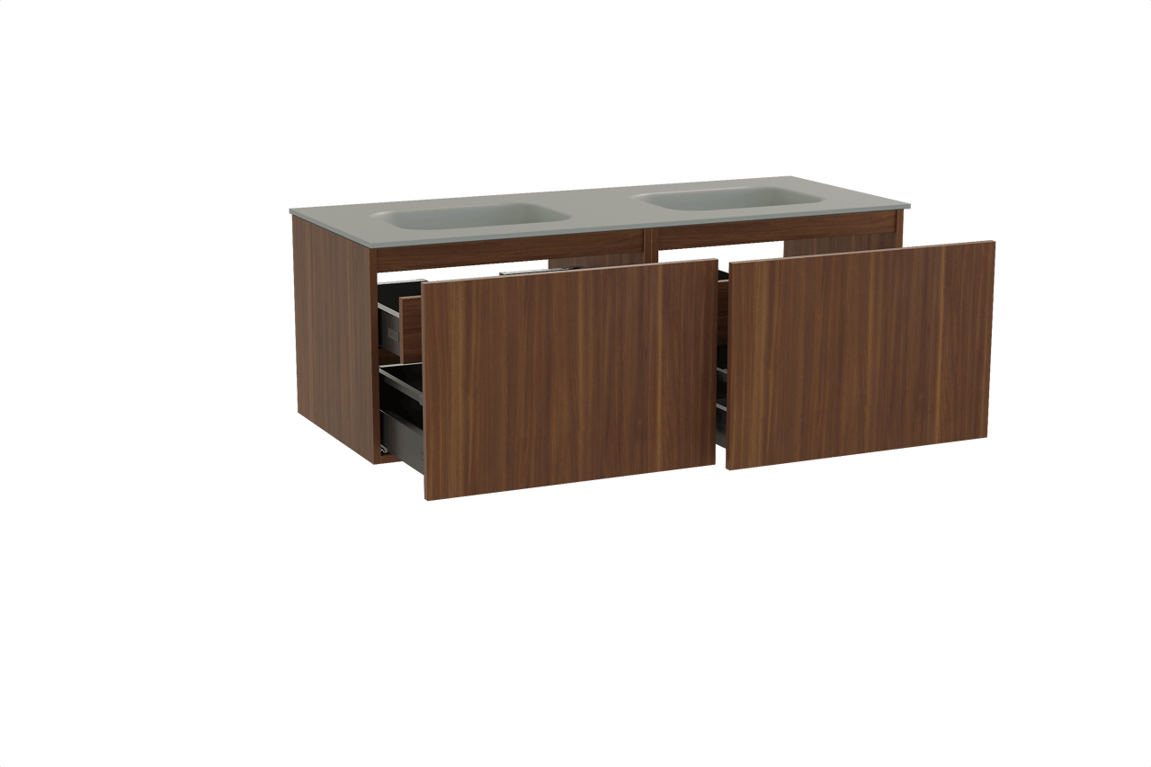 Balmani Sfera meuble salle de bains suspendu 135 x 55 cm noyer américain avec Tablo Arcato double vasque en solid surface gris pierre