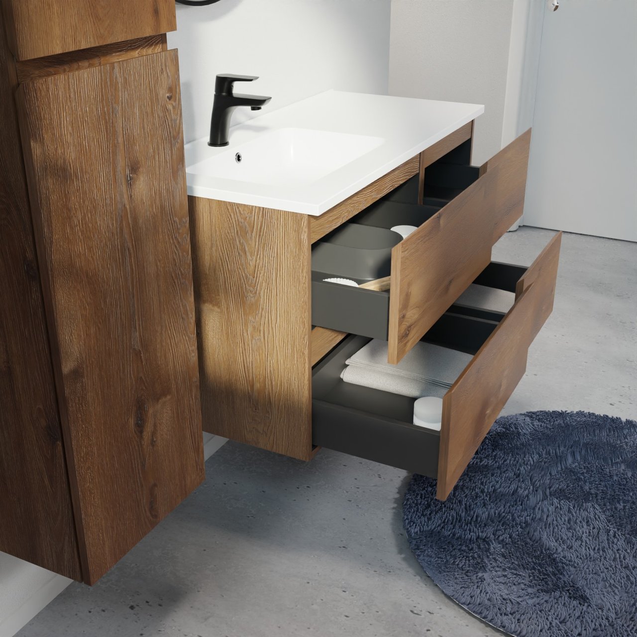 Linie Lado hängendes Möbelstück Set: 100 x 46 cm, Braune Eiche, mit Vano Waschtisch links, Marmorkomposit Weiß matt