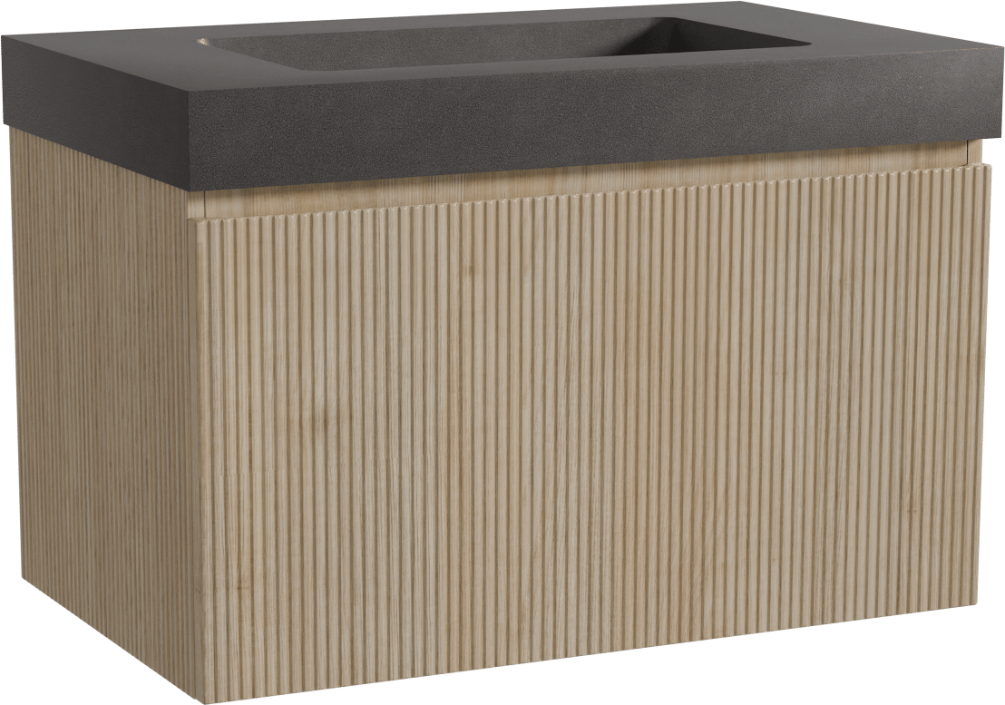 Storke Ribs zwevend badmeubel 85 x 52 cm ruw eiken met Scuro High enkele wastafel in kwarts mat zwart, Verticale symmetrische rechte ribbel