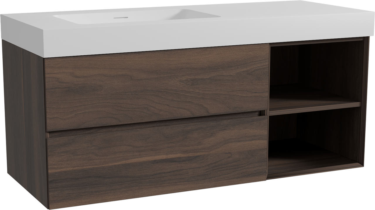 Storke Edge hängendes Möbelstück Set: 130 x 52 cm, Nussbaum, mit Mata High Waschtisch links, Solid Surface Weiß matt