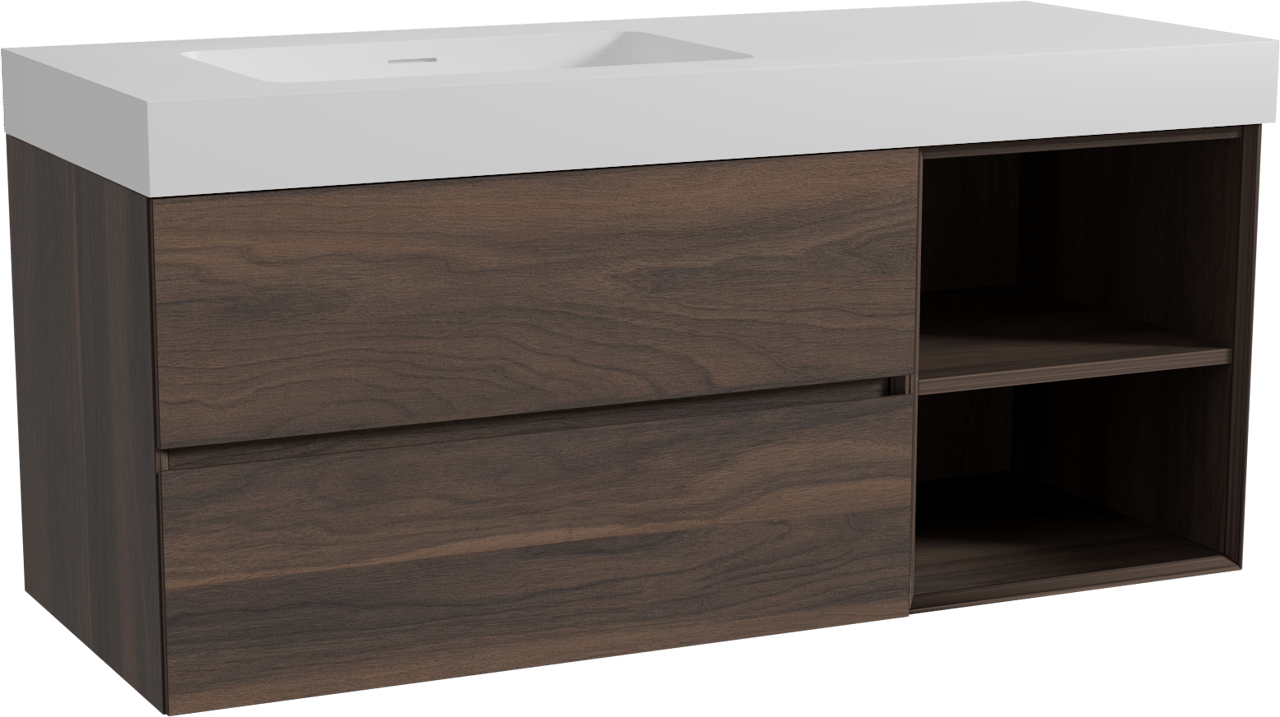 Storke Edge hängendes Möbelstück Set: 130 x 52 cm, Nussbaum, mit Mata High Waschtisch links, Solid Surface Weiß matt