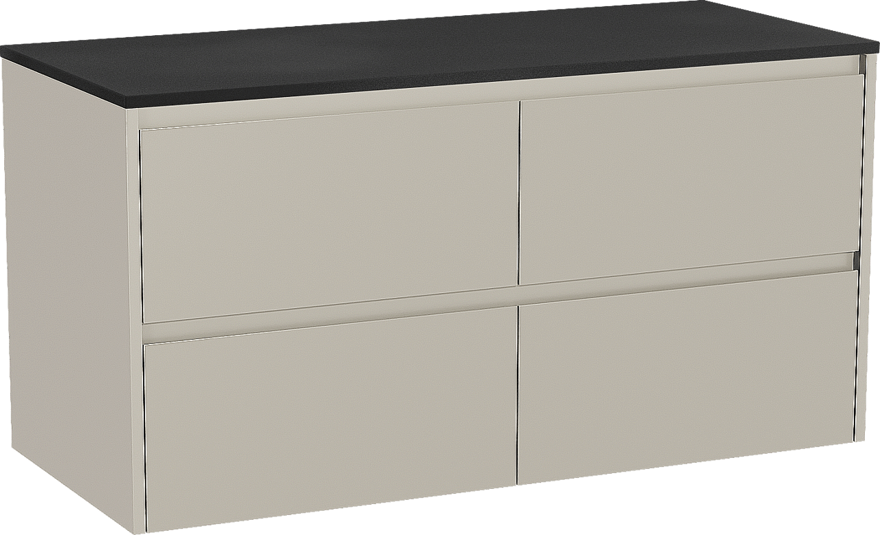 Storke Seda zwevend badmeubel 120 x 52 cm zijdegrijs met Panton enkel of dubbel wastafelblad in gepoedercoate mdf mat zwart