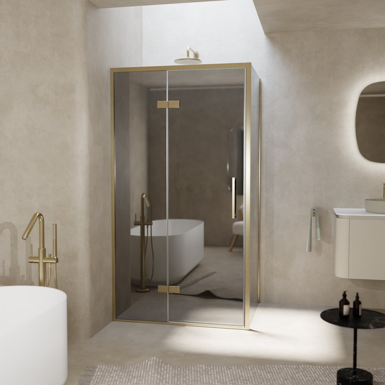Balmani Senses Design Eckdusche: Drehtür (Links) mit fixierte Seitenwand, 100 x 80 cm, Reflex-Spiegelglas, Profil Brushed Champagner Gold, inklusive Coating