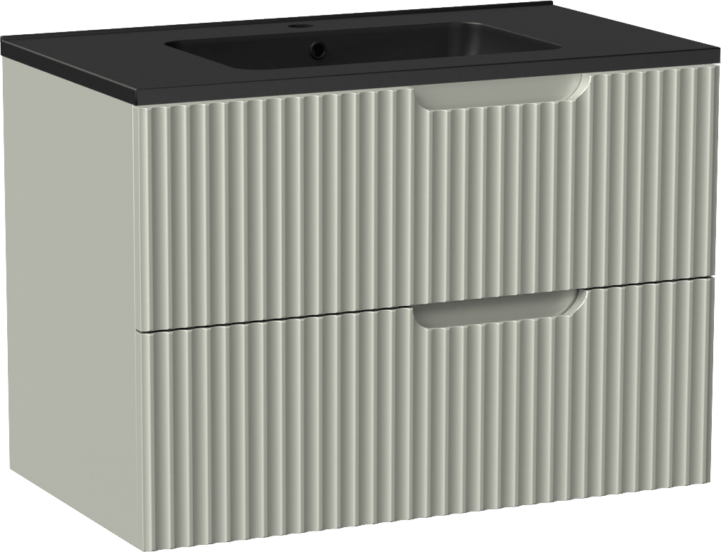 Linie Ribbo zwevend badmeubel 80 x 46 cm greige met Vano enkele wastafel in composietmarmer mat zwart, Verticale symmetrische ronde ribbel