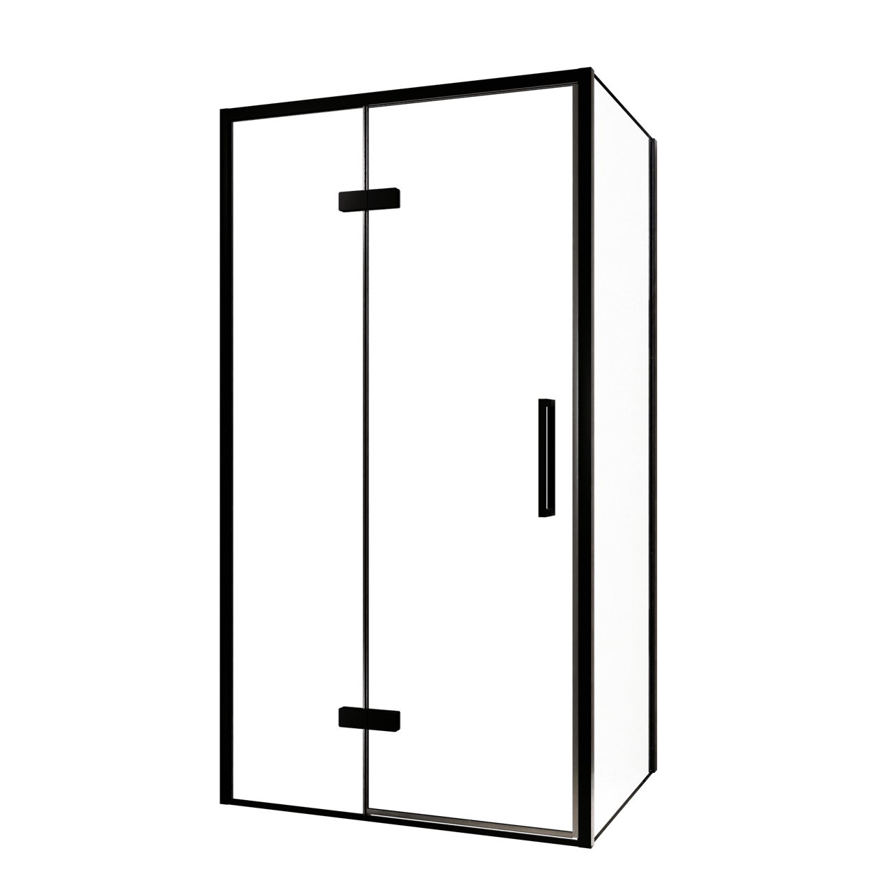 Balmani Senses Design douche en coin avec porte pivotante à gauche et paroi latérale fixe, 100 x 70 cm, Verre transparent, Profil noir, coating inclus