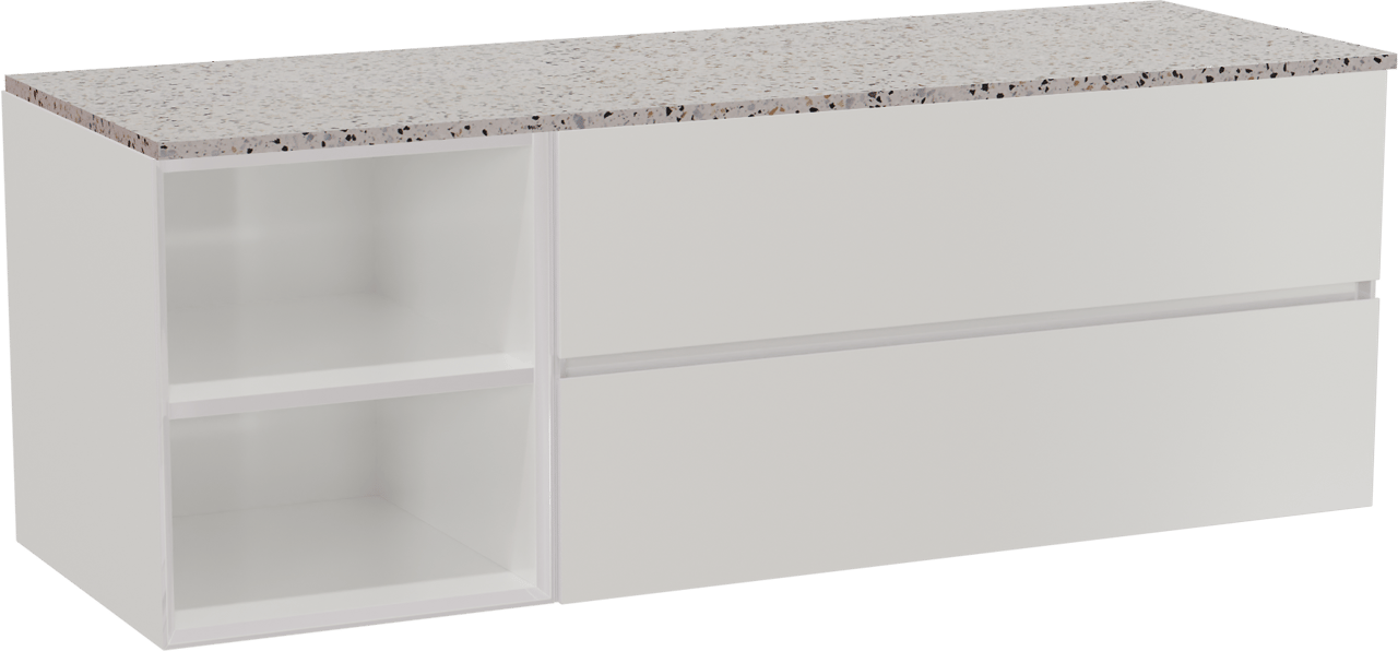 Storke Edge hängendes Möbelstück Set: 150 x 52 cm, Weiß glänzend, mit Tavola Einzel- oder Doppel Waschtischplatte, Terrazzo in Weiß/Schwarz matt