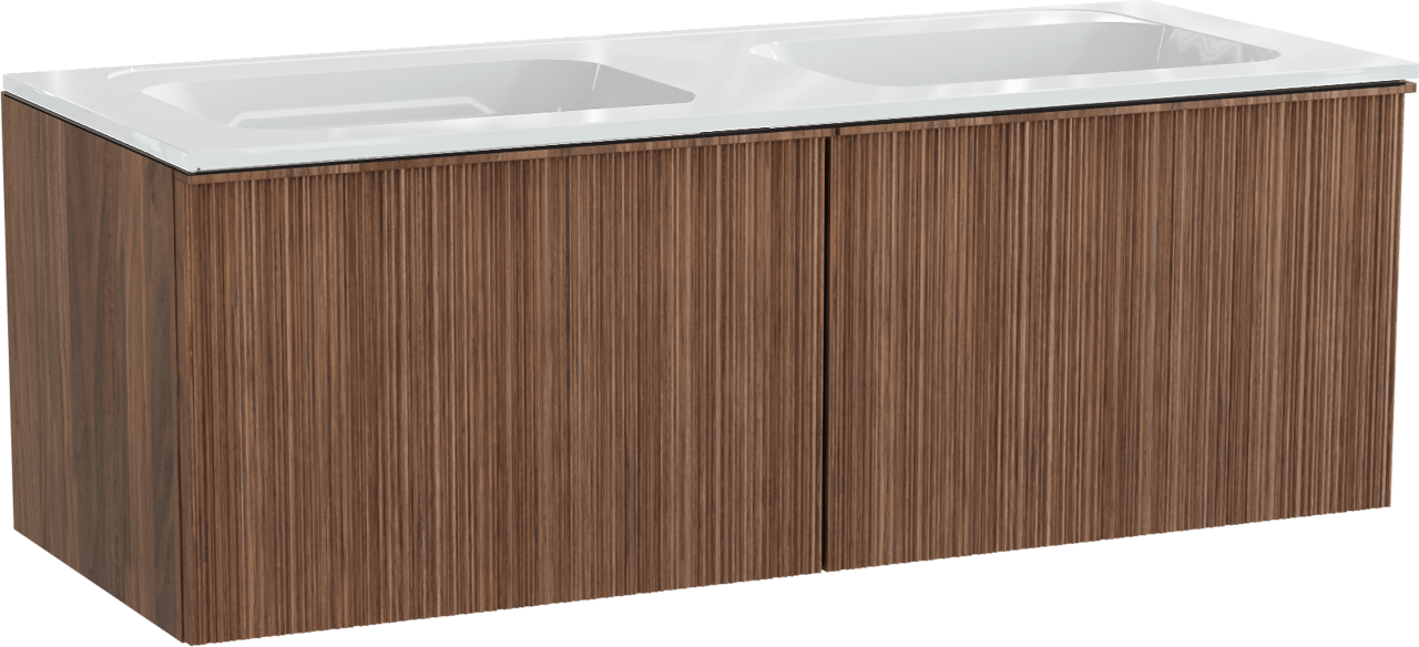 Balmani Forma zwevend badmeubel 135 x 55 cm amerikaans notenhout met Tablo Strada dubbele wastafel in composietmarmer hoogglans wit, Verticale asymmetrische ronde ribbel
