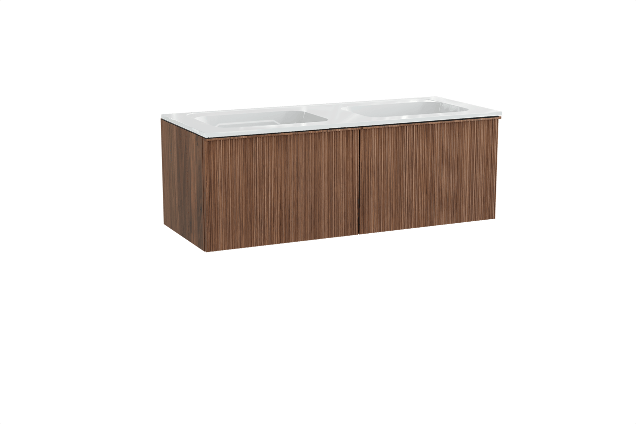 Balmani Forma meuble salle de bains suspendu 135 x 55 cm noyer américain avec Tablo Strada double vasque en marbre composite blanc brillant, Nervure circulaire asymétrique verticale