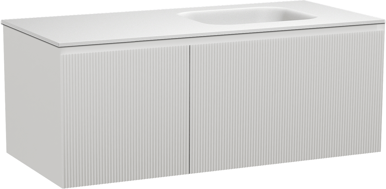 Balmani Fila by Mitra meuble salle de bains suspendu 120 x 55 cm blanc mat avec Tablo Arcato plan vasque asymétrique à droite en solid surface blanc mat, Nervure droite symétrique verticale