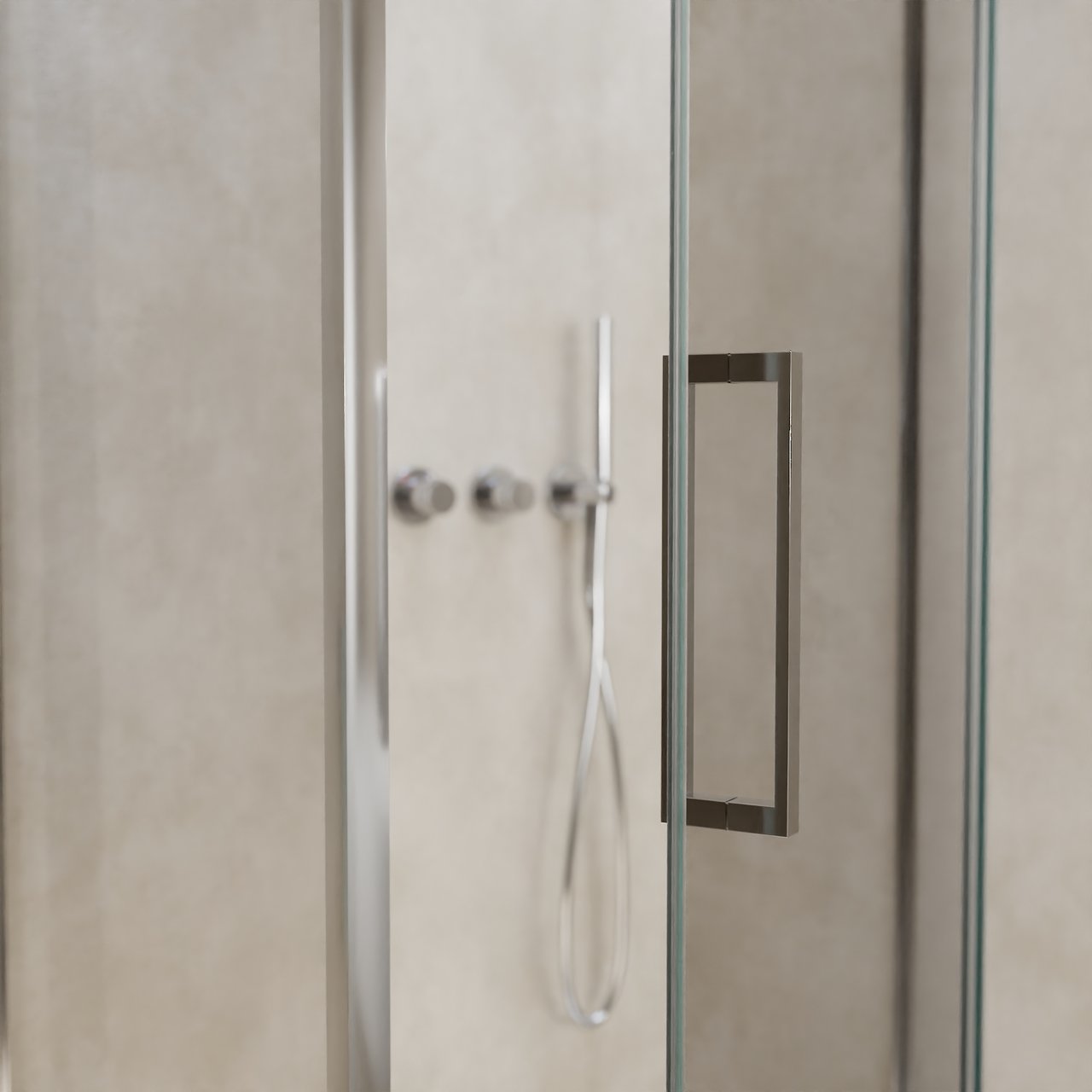 Balmani Senses Design douche en coin avec porte pivotante à droite et paroi latérale fixe, 100 x 80 cm, Verre transparent, Profil chrome, coating inclus, coating inclus