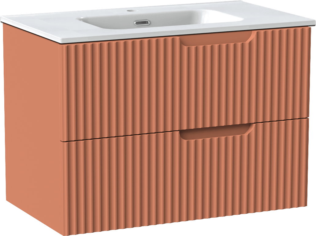 Linie Ribbo meuble salle de bains suspendu 80 x 46 cm cotto avec Baro plan simple en porcelaine blanc brillant, Nervure circulaire symétrique verticale