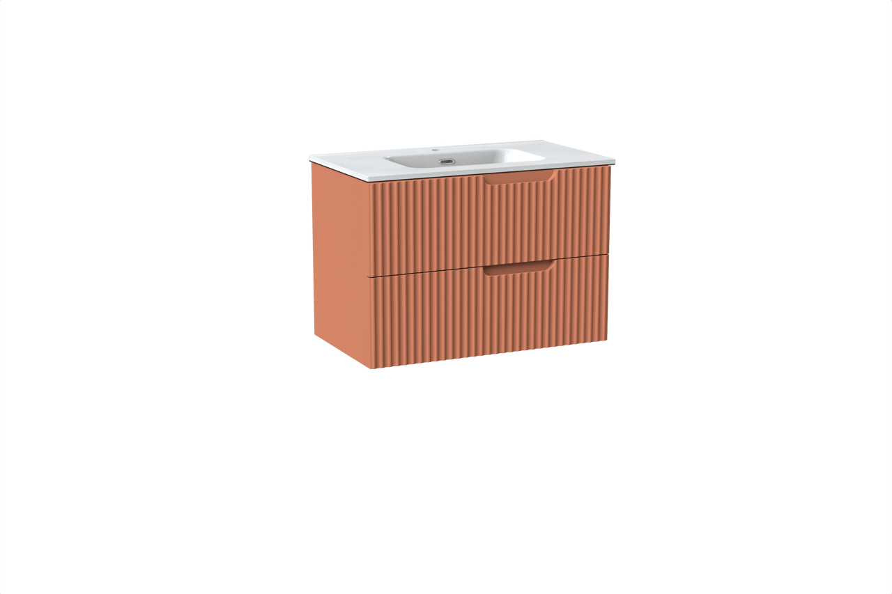 Linie Ribbo zwevend badkamermeubel 80 x 46 cm cotto met Baro enkele wastafel in porselein glanzend wit, Verticale symmetrische ronde ribbel