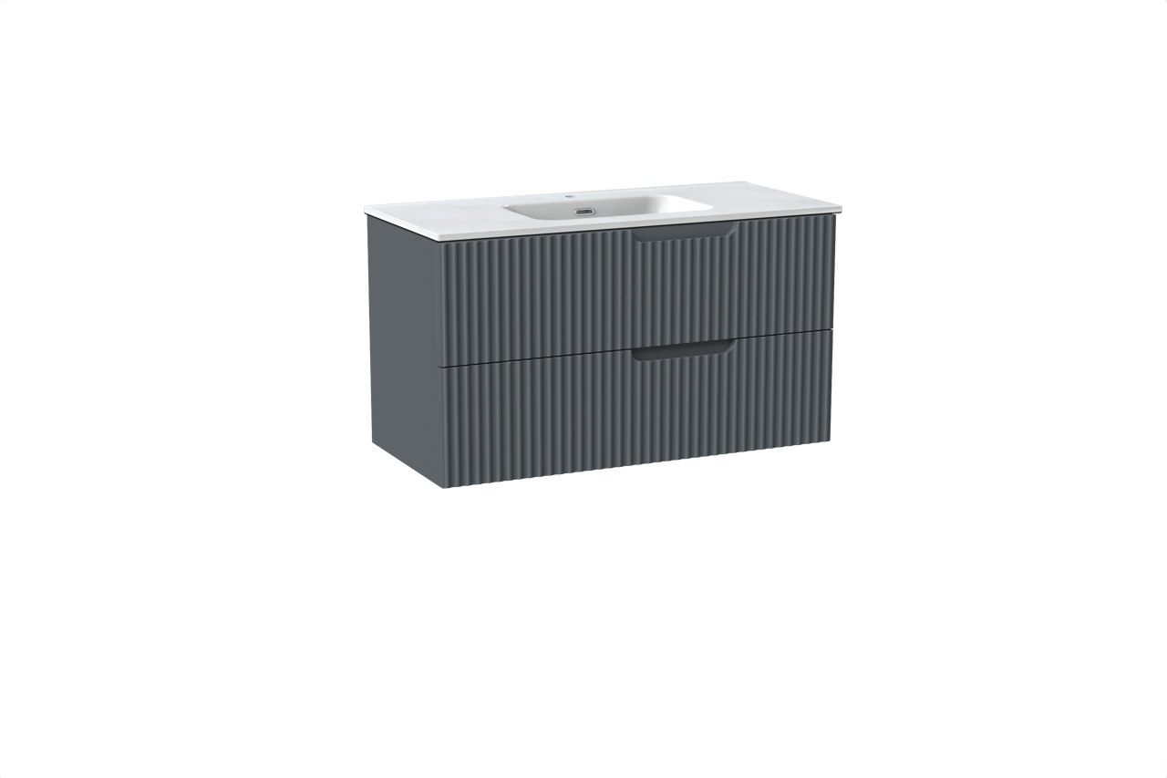 Linie Ribbo meuble salle de bains suspendu 100 x 46 cm bleu anthracite avec Baro plan simple en porcelaine blanc brillant, Nervure circulaire symétrique verticale