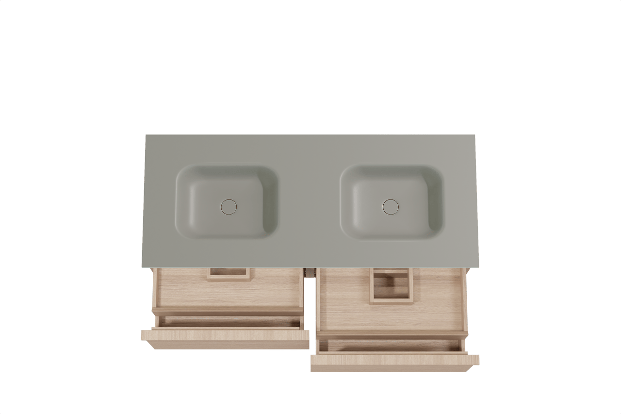 Balmani Forma zwevend badkamermeubel 135 x 55 cm natuur eik met Tablo Arcato dubbele wastafel in solid surface steengrijs, Horizontale symmetrische rechte ribbel