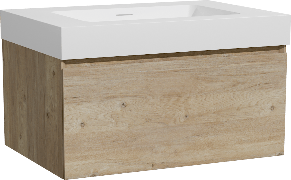 Storke Edge zwevend badmeubel 75 x 52 cm ruw eiken met Mata High enkele wastafel in solid surface mat wit