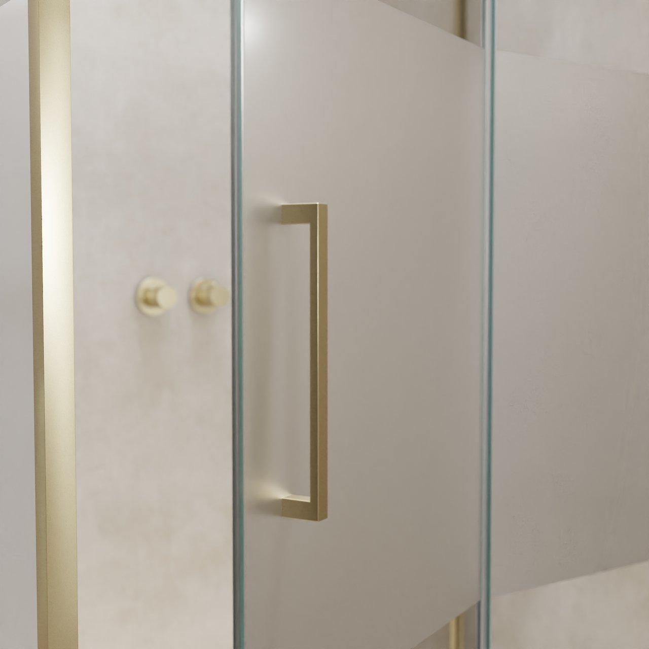 Balmani Senses Design douchehoek met rechtse draaideur en vaste zijwand, 120 x 90 cm, Helder glas met matte strook, Brushed Champagne Gold profielen, met coating